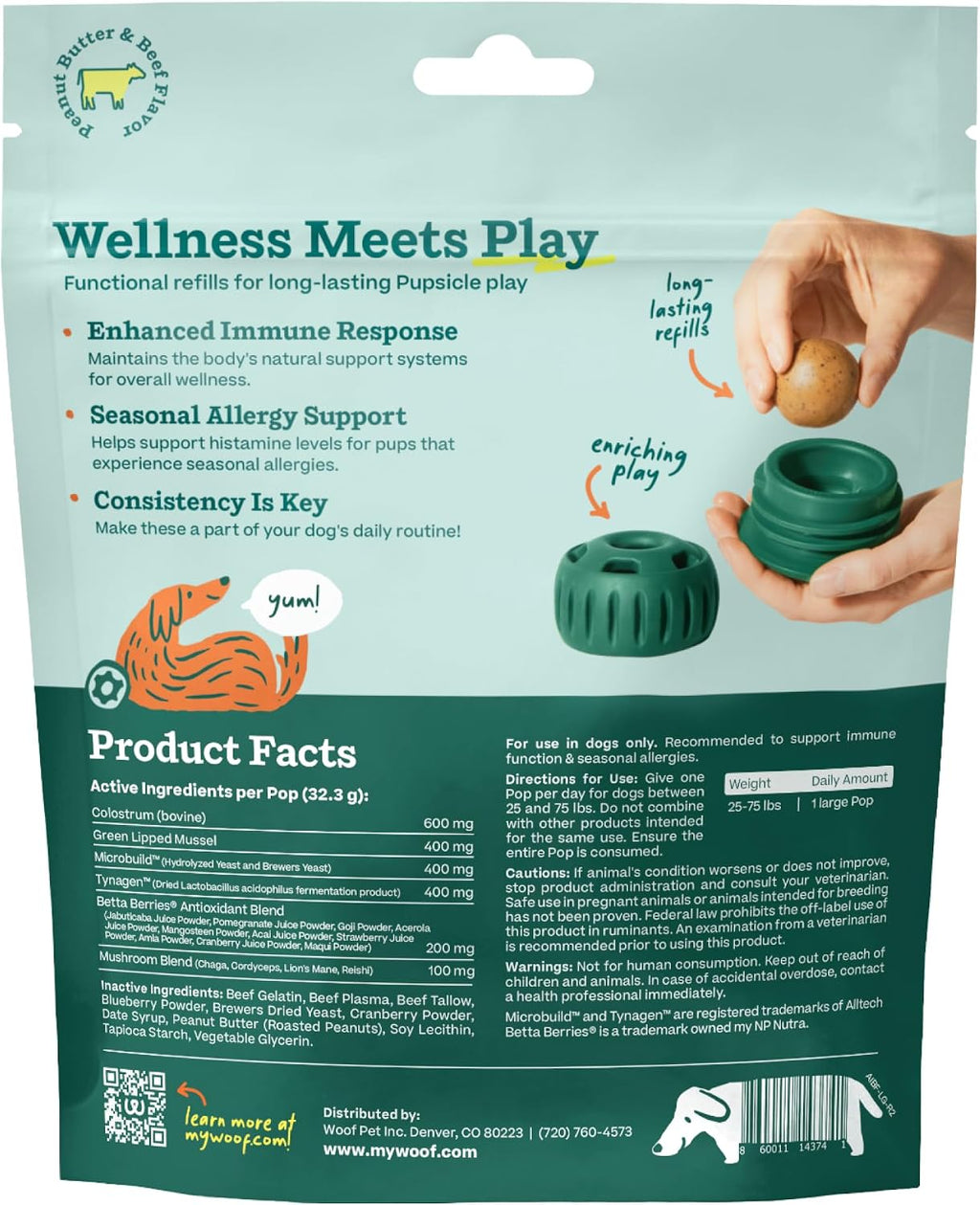 WOOF allergy support dog treats large size seven count package for canine immune health.