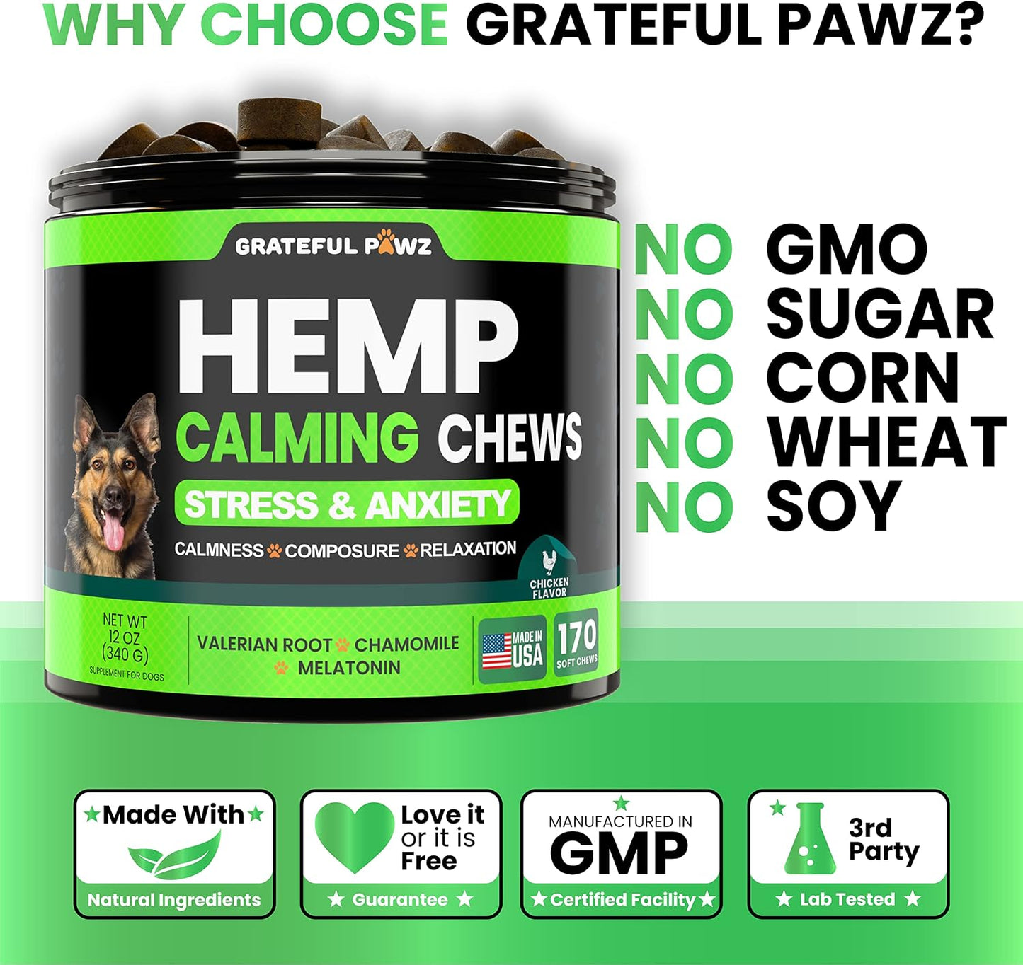 Grateful Pawz anxiety relief supplement for dogs side view