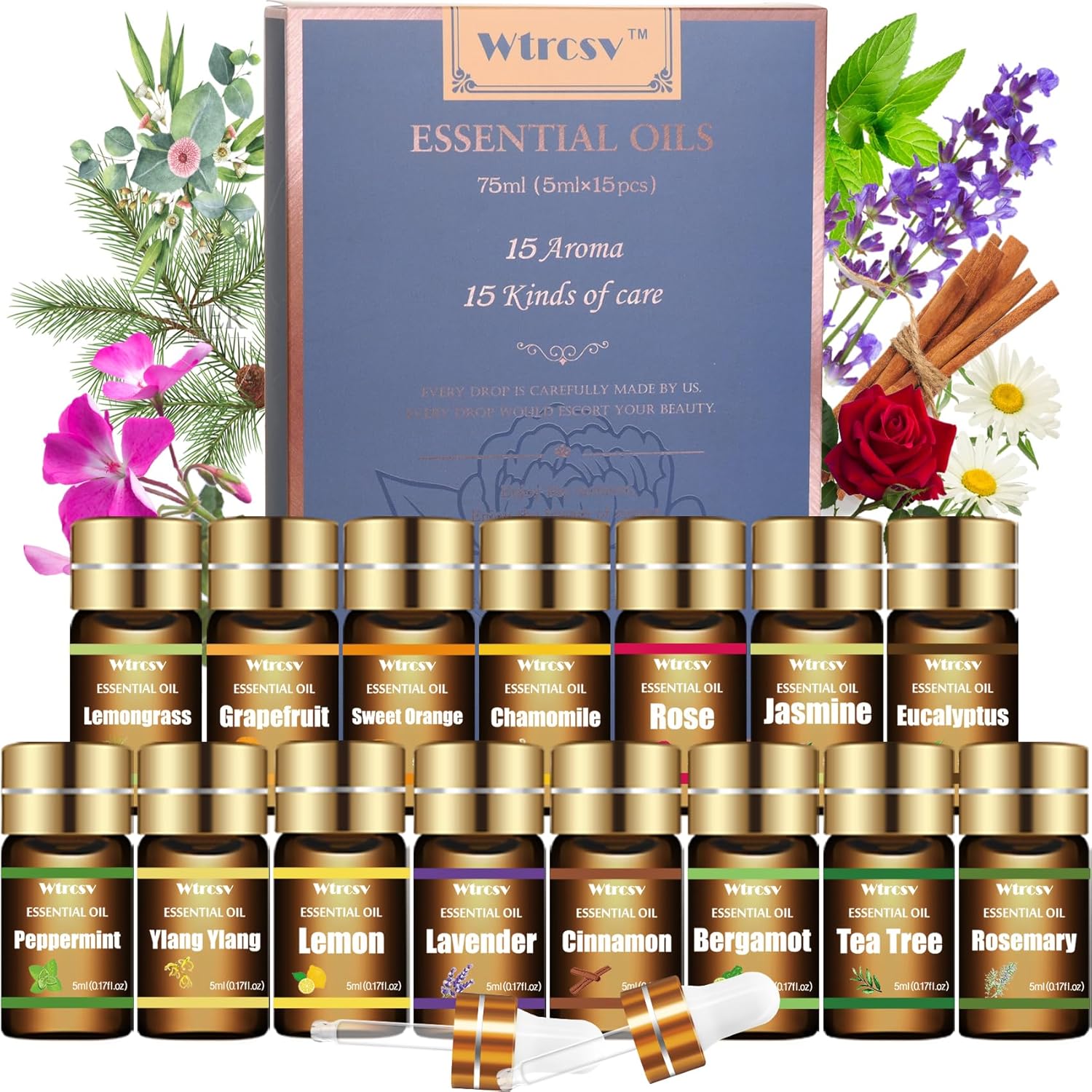 Wtrcsv Essential Oils Set front view of 15 scent collection for aromatherapy