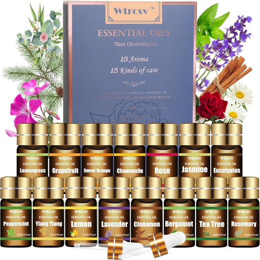 Wtrcsv Essential Oils Set front view of 15 scent collection for aromatherapy