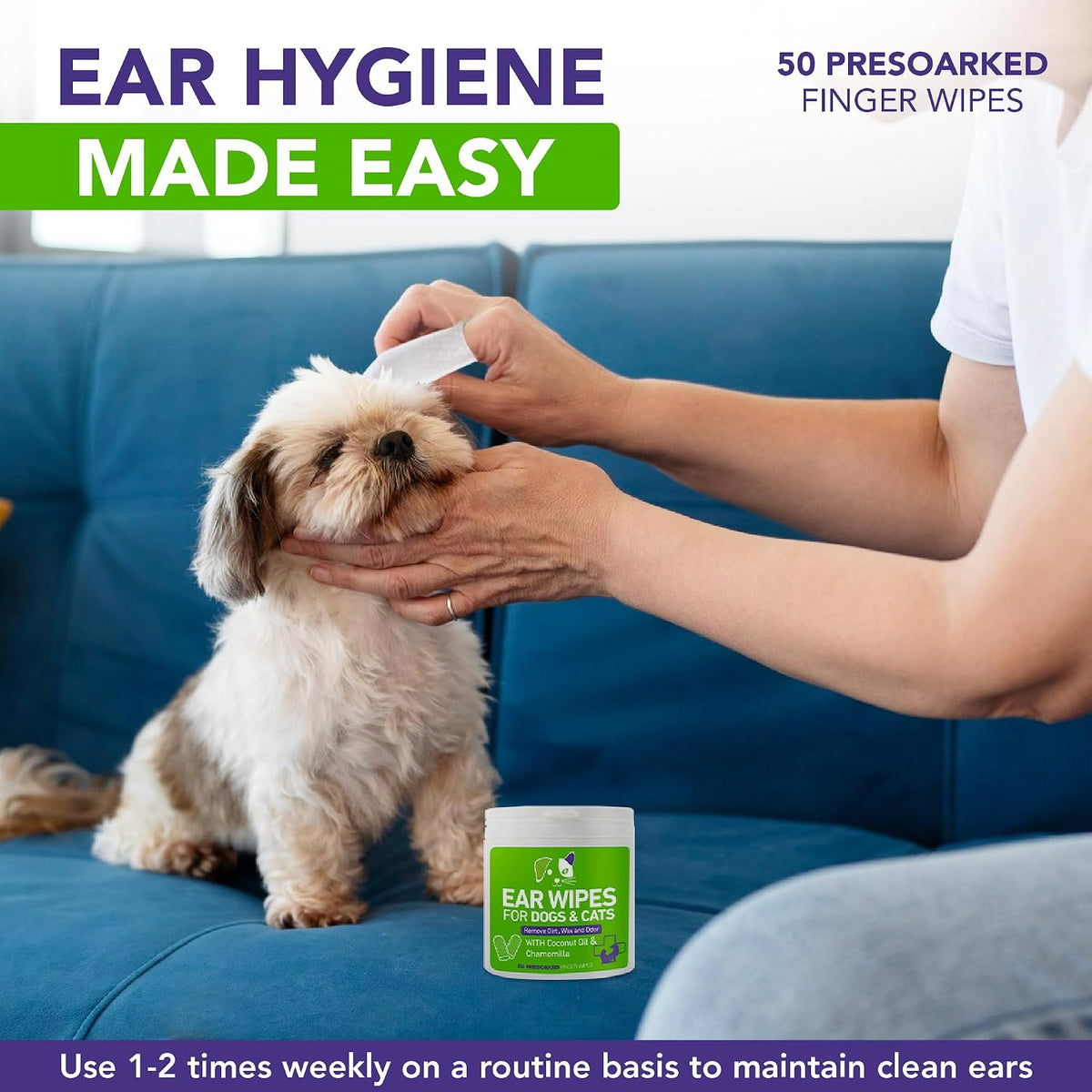 Graphic showing how to use Pumbler pet ear wipes on cat