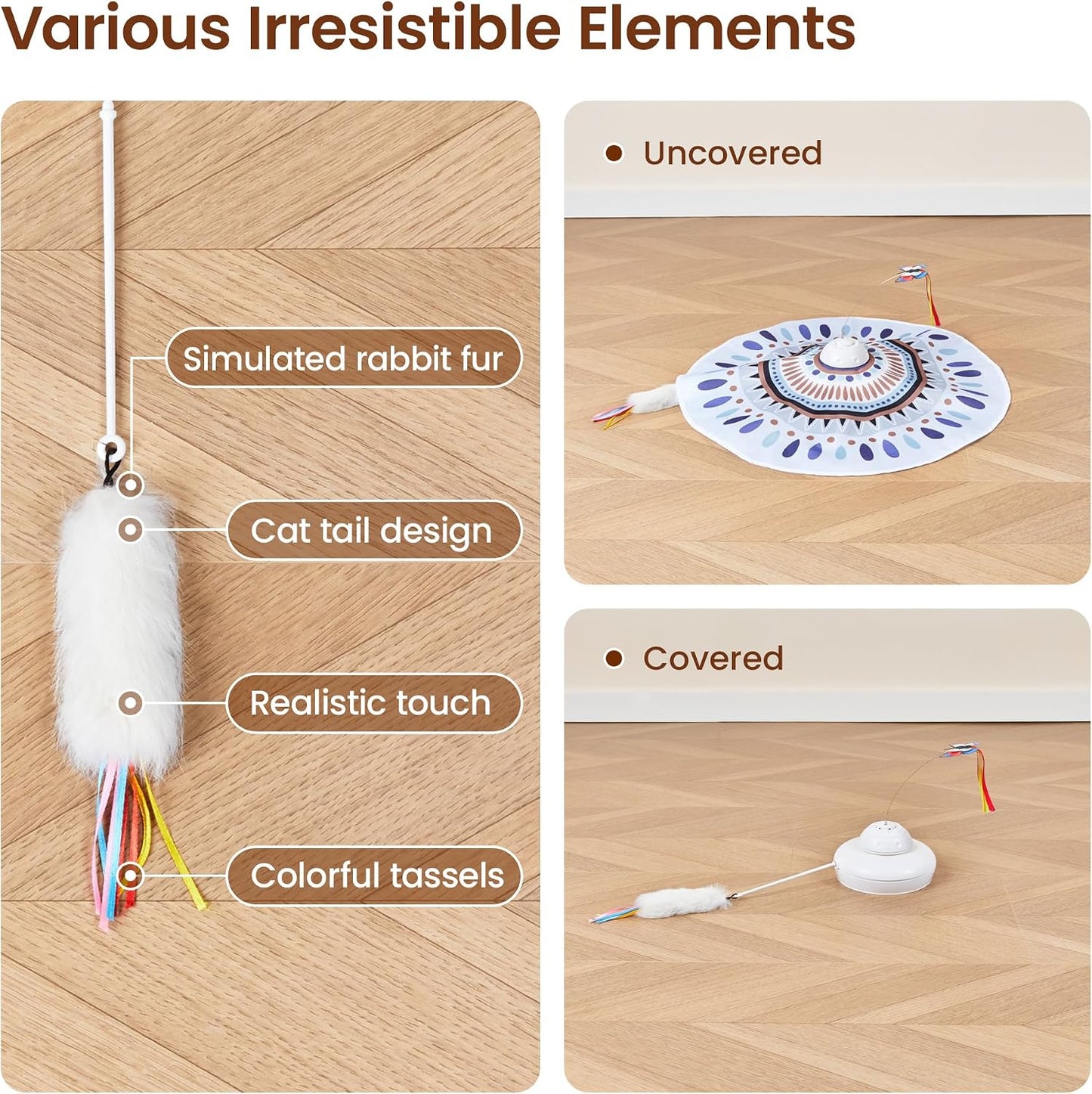 Close up of the non toxic tassel fish and tassel mouse replacement pieces for automated pet toys