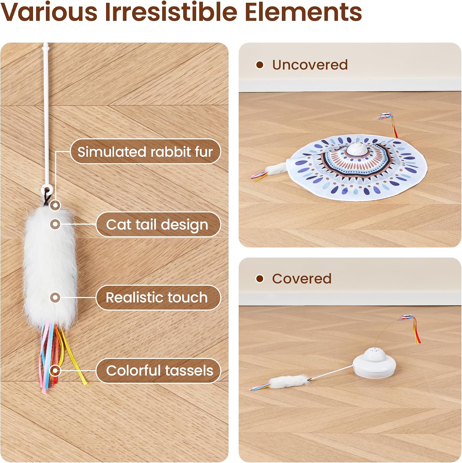 Close up of the non toxic tassel fish and tassel mouse replacement pieces for automated pet toys