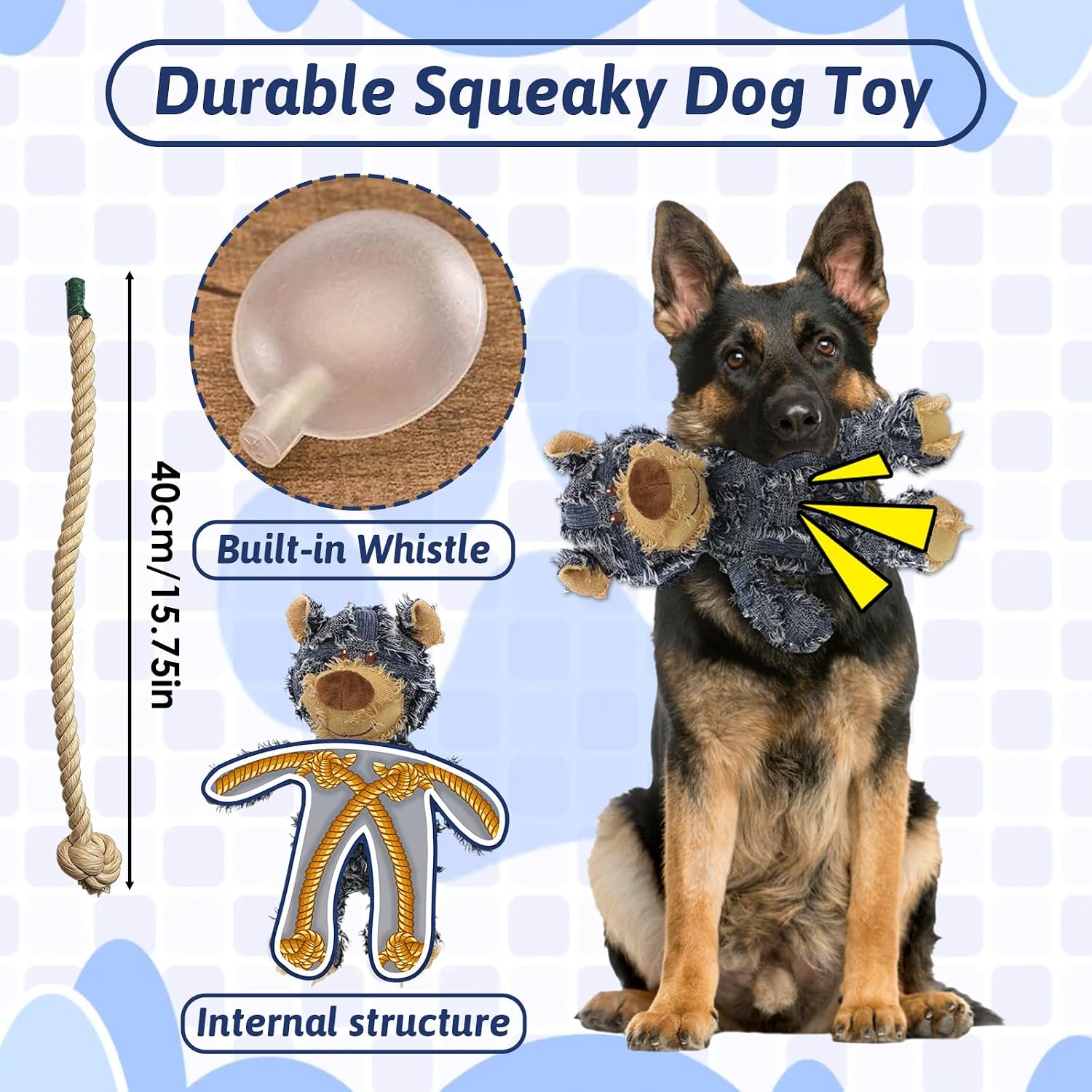 MAXBECK tough stuffed plush bear dog toy for aggressive chewers side view