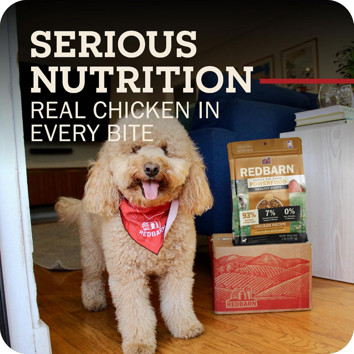 Redbarn gently air dried puppy food showcasing ninety three percent real chicken ingredients.