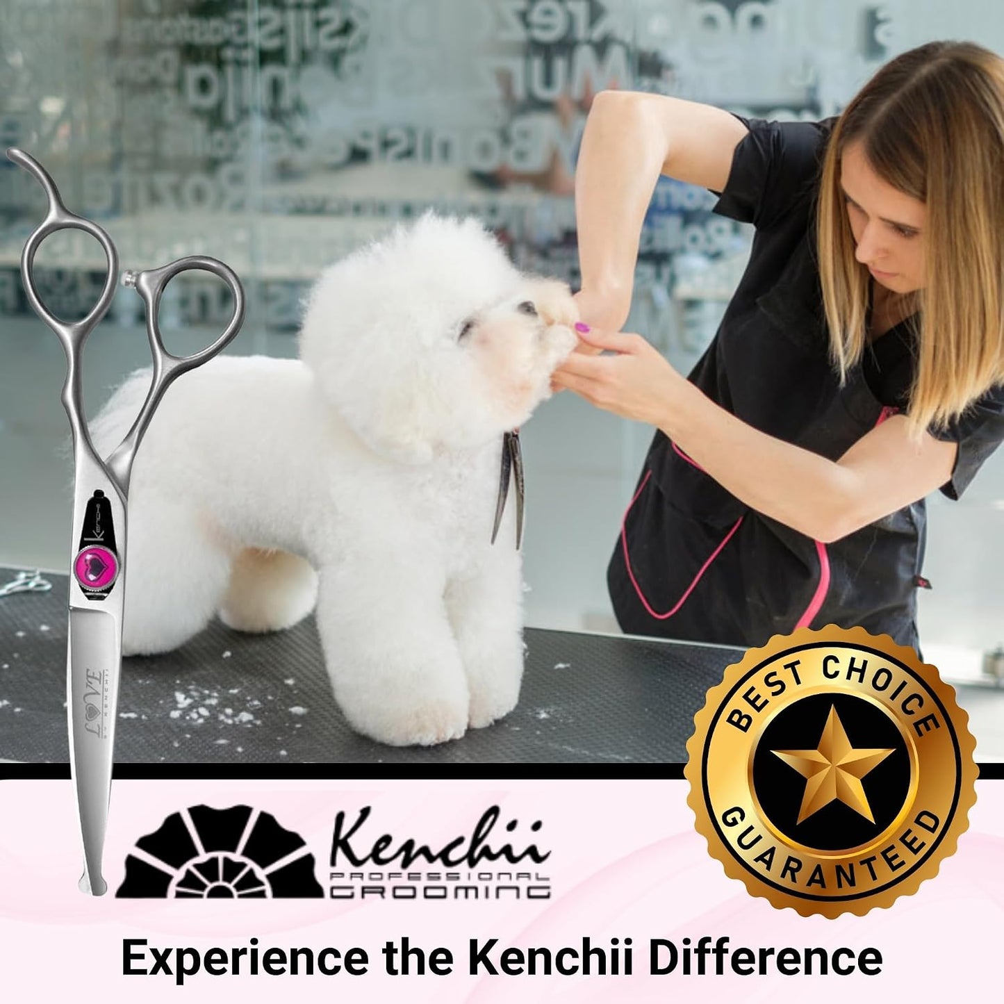 Close up view of the micro serrated edge on the Kenchii Love grooming shears.