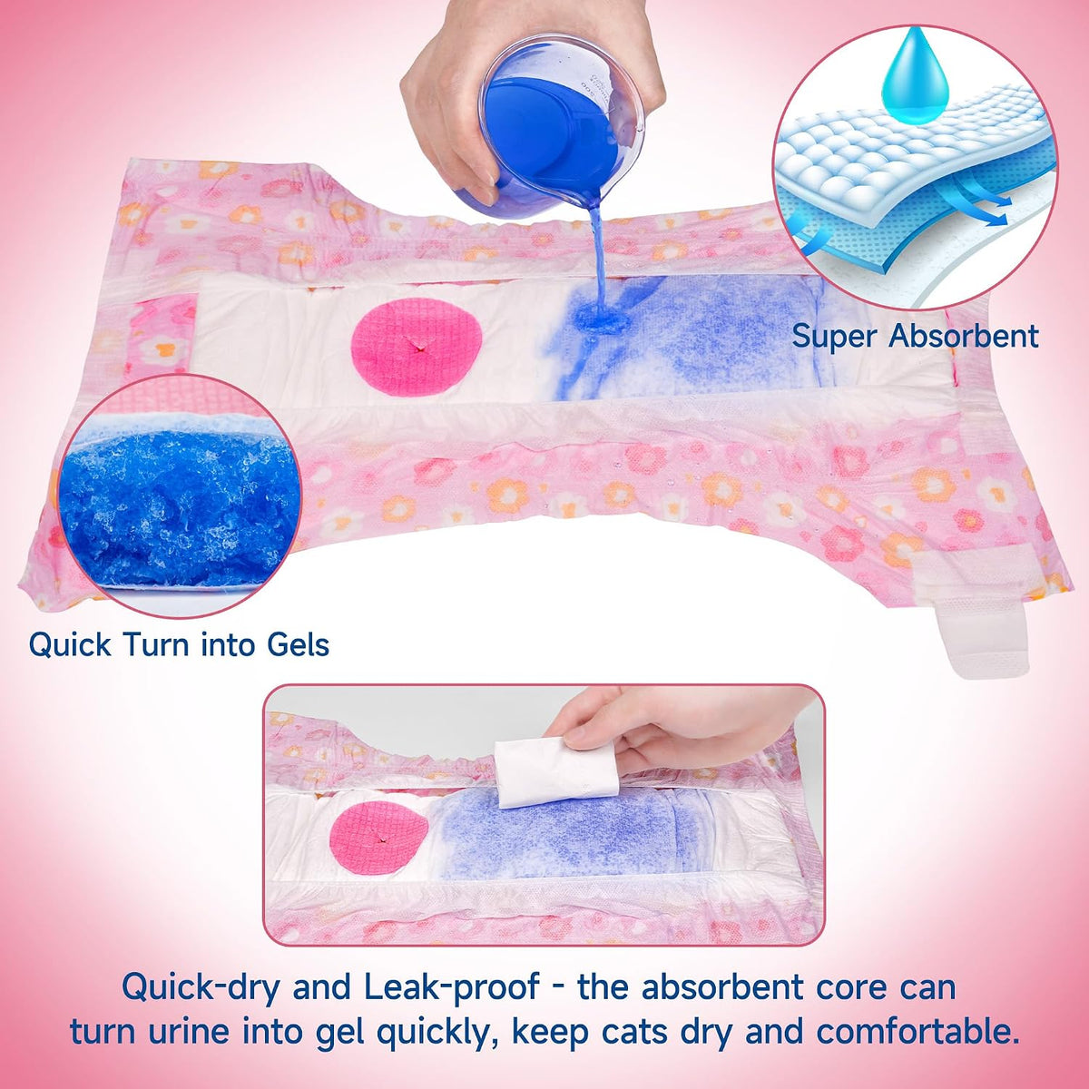 Elastic waist design on pink female cat disposable diaper