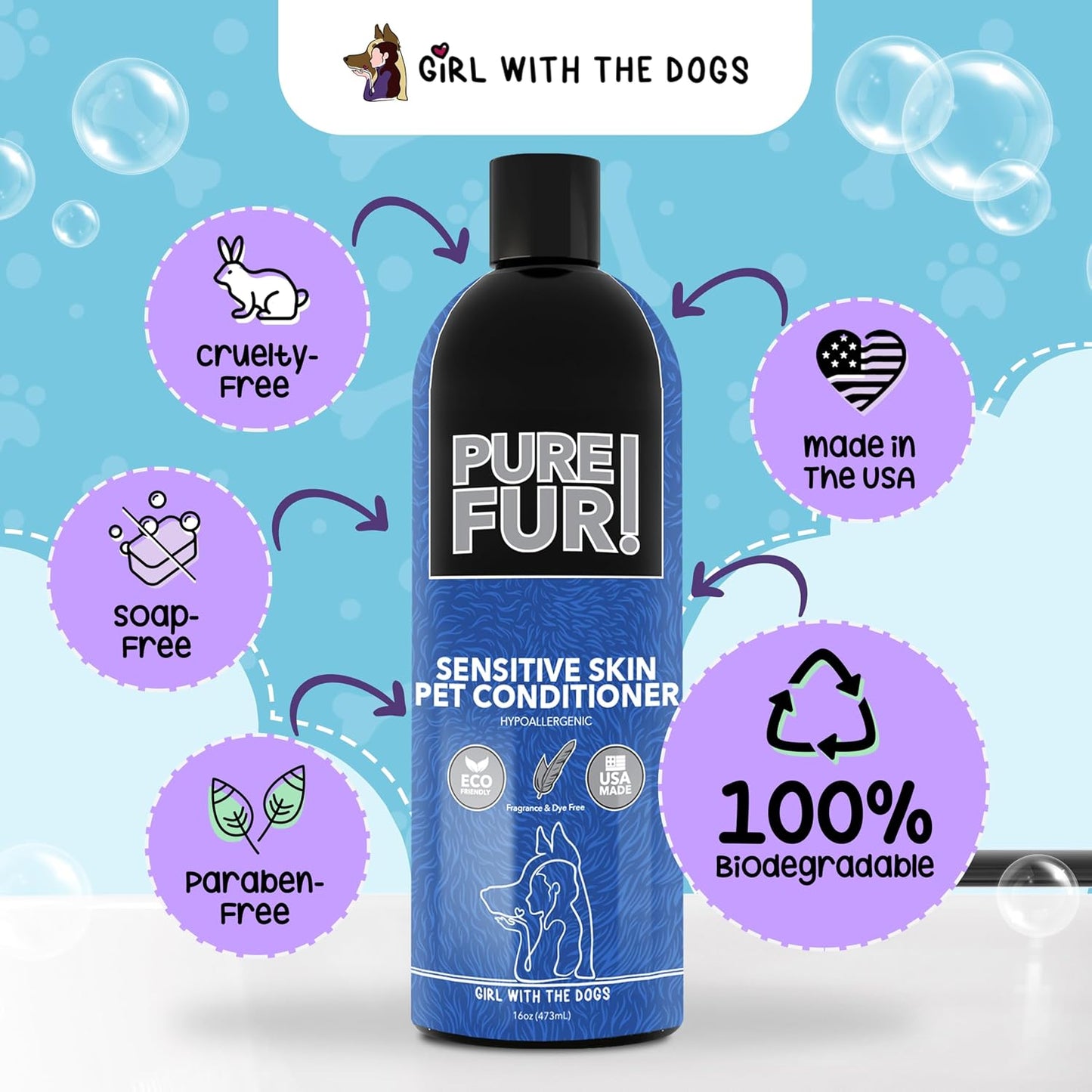 Girl With The Dogs imported pet care supplies bottle side view.