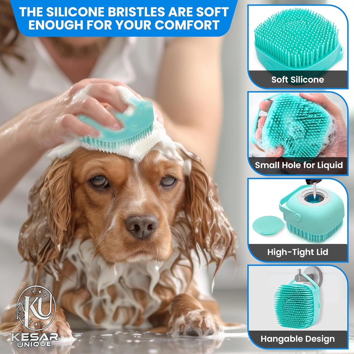 Kesarunique pet shampoo dispenser brush with silicone bristles