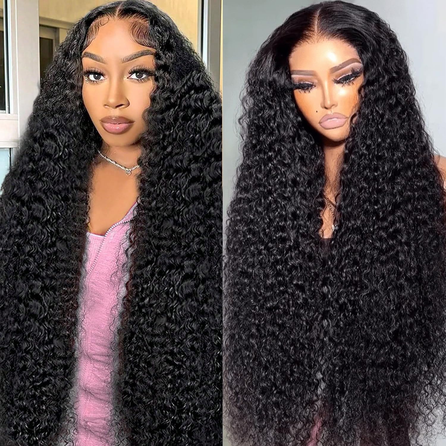 Flwing thirty inch deep wave lace front human hair wig front view showcasing voluminous black curls.
