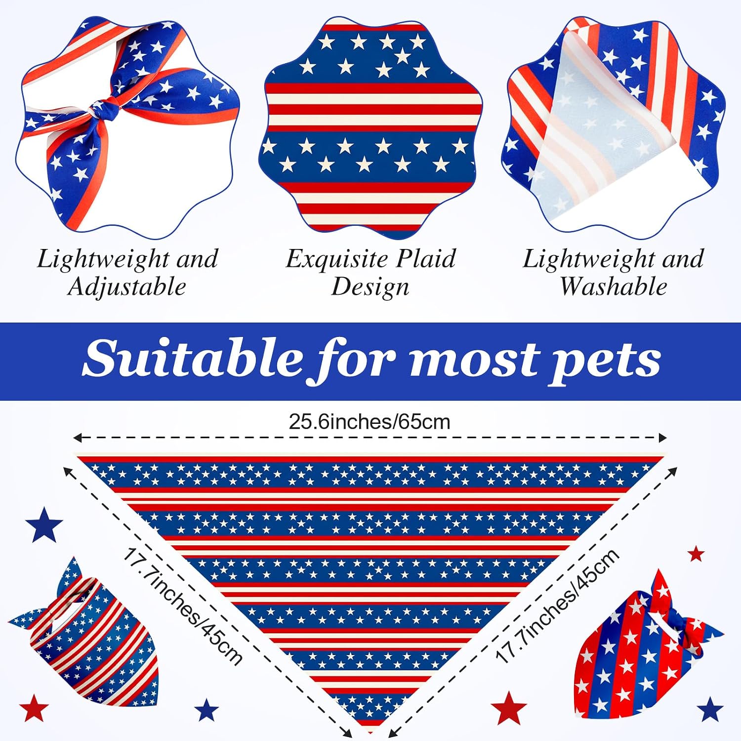 Patriotic dog bandanas arranged in a pile for visual count