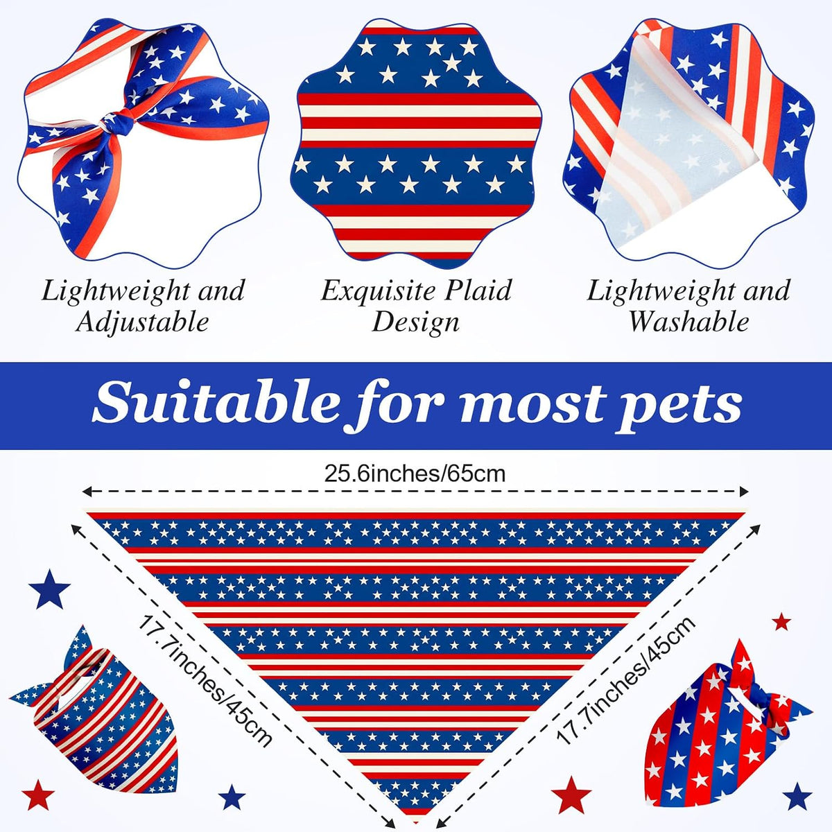 Patriotic dog bandanas arranged in a pile for visual count