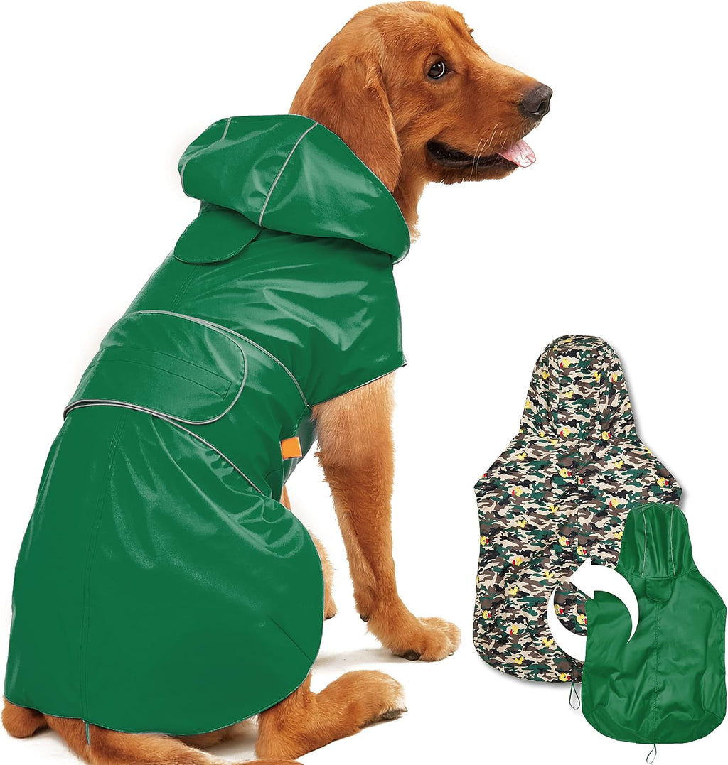 High-visibility reflective trim glowing on the Kimee pet rain gear during a simulated dark walk.