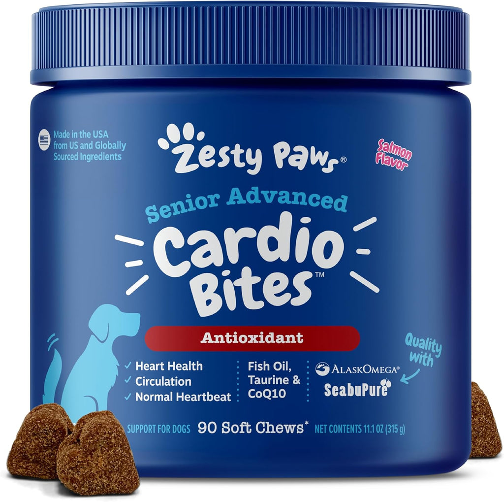 Premium pet supplement container for Zesty Paws Senior Advanced Cardio Bites