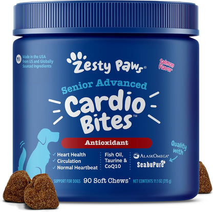 Premium pet supplement container for Zesty Paws Senior Advanced Cardio Bites