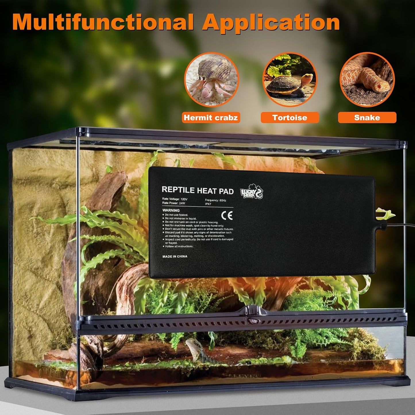 LUCKY HERP side mounted terrarium heater attached to a glass reptile enclosure