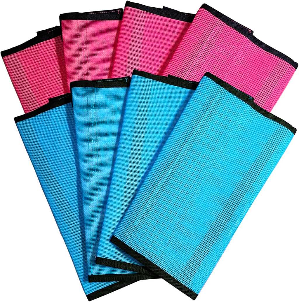 NizHome horse fly boots set front view of pink and blue mesh leggings.