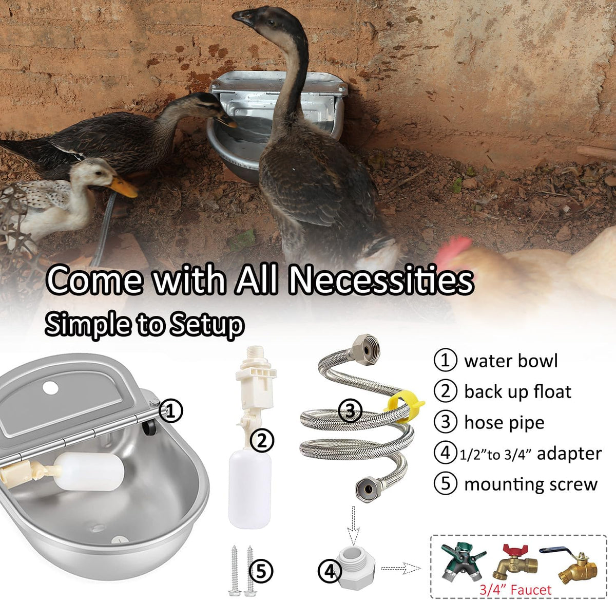 Self filling livestock waterer bowl with internal float valve setup