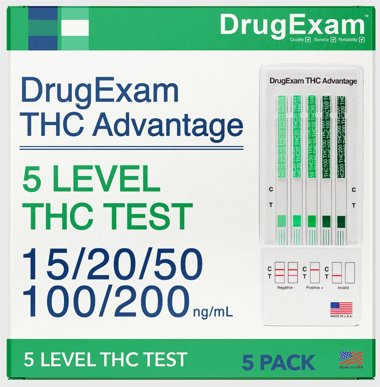 DrugExam multi drug screen test five pack front packaging view for tracking marijuana levels