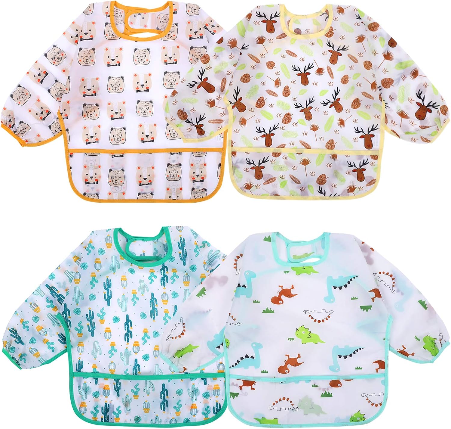 Accmor 4 Pack Long Sleeve Baby Bibs front view showing animal prints