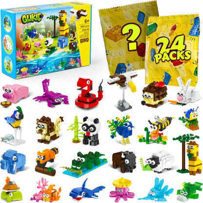Glikid mini animal building blocks front view featuring twenty four packs of colorful toy blind bags.