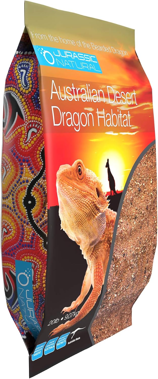Bearded dragon terrarium setup using authentic Australian desert red sand substrate.