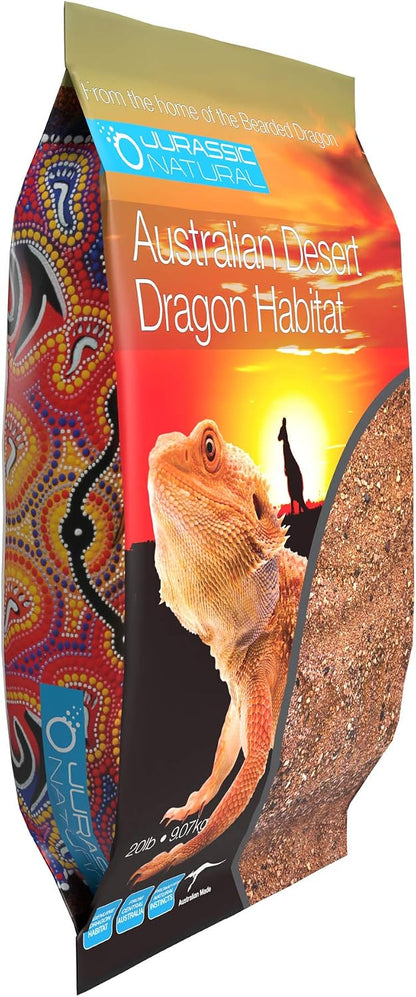 Bearded dragon terrarium setup using authentic Australian desert red sand substrate.