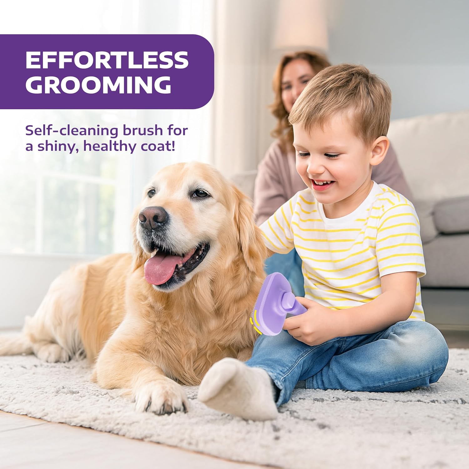 Purple Hertzko pet brush being cleaned with a simple single swipe