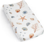 Sweet Jojo Designs Ocean Seashells baby changing pad cover front view showcasing watercolor print.