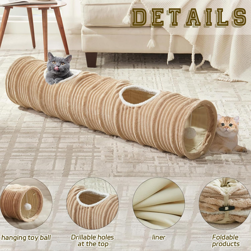 Flashing Fire brown suede cat tunnel compressed and folded flat secured by an elastic band.