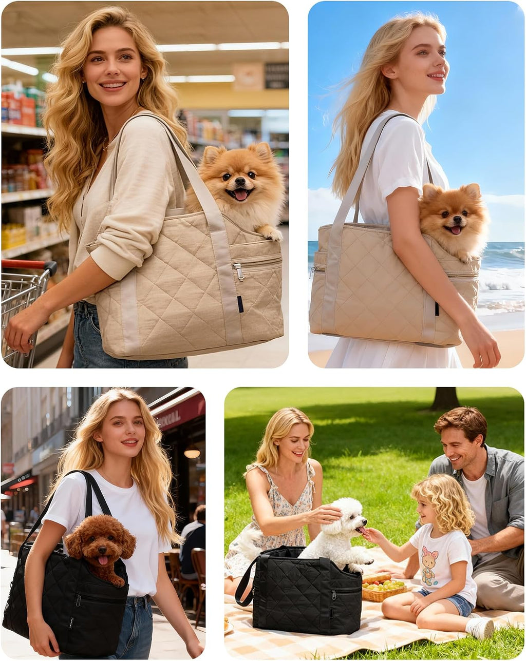Woman carrying Straodtic black dog purse carrier on shoulder
