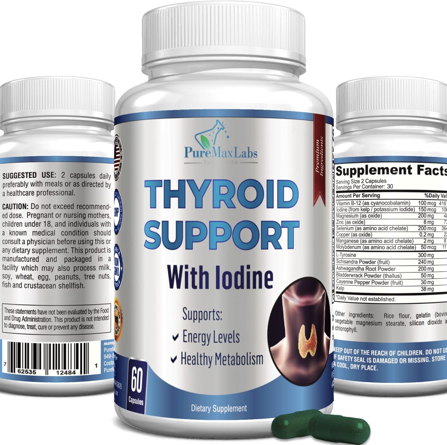 Yummyvite Thyroid Support supplement bottle front view showing 60 capsules packaging for metabolism boost.