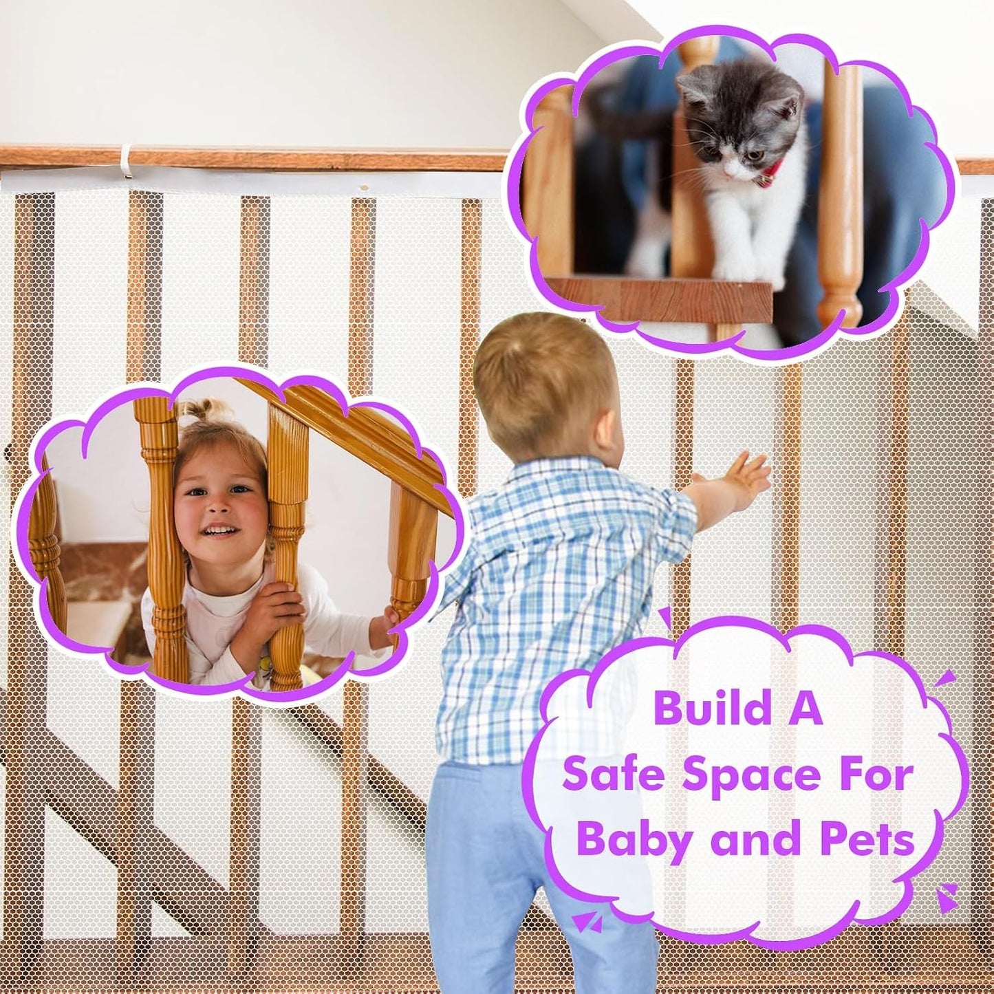 tupi Banister Guard for Baby and Pets - 300cm Extra Long Balcony Netting, Heavy Duty Stair Railing Cover, Child Safety Mesh for Kids and Toddlers, No Drill Barrier with 41 Zip Ties - Image 2