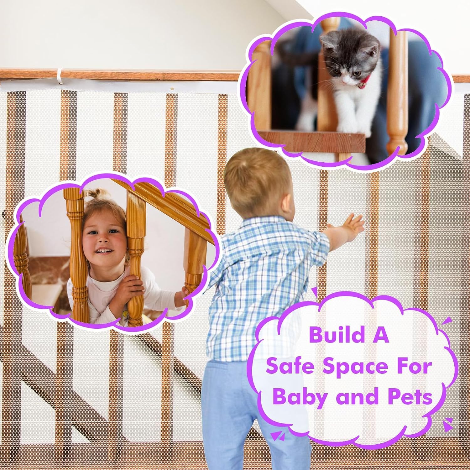 tupi Banister Guard for Baby and Pets - 300cm Extra Long Balcony Netting, Heavy Duty Stair Railing Cover, Child Safety Mesh for Kids and Toddlers, No Drill Barrier with 41 Zip Ties - Image 2