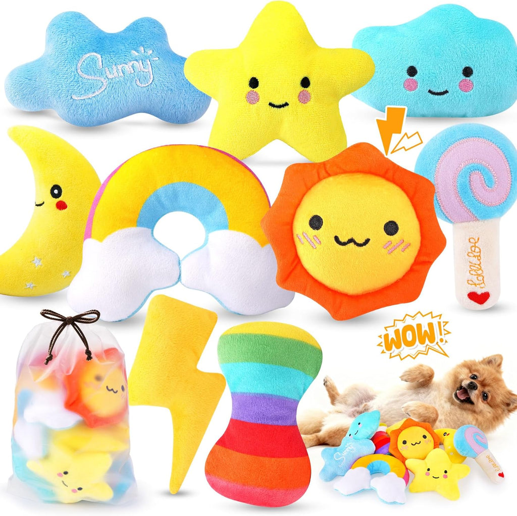 KIPRITII nine piece whimsical squeaky plush dog toy set front view
