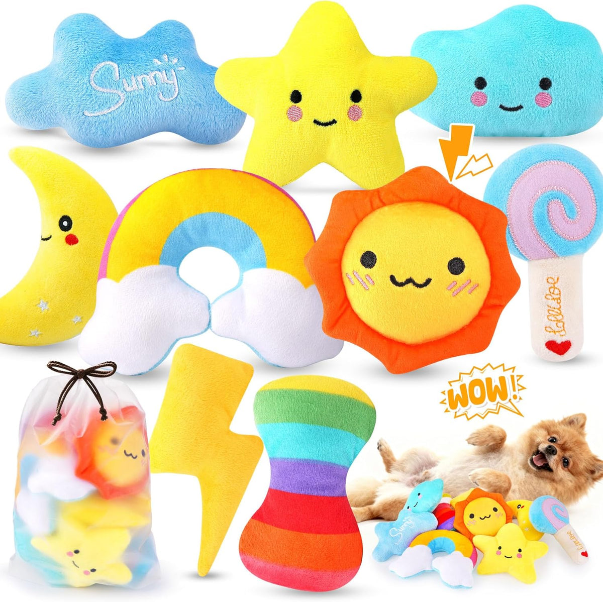 KIPRITII nine piece whimsical squeaky plush dog toy set front view