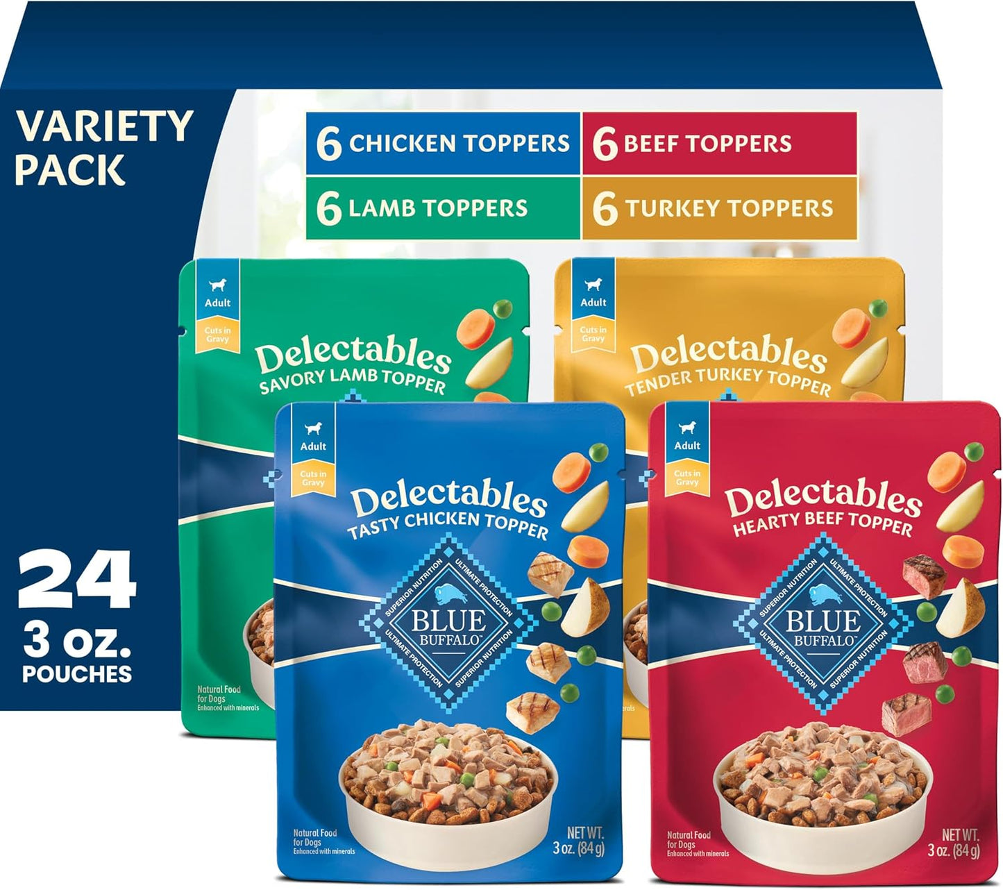 Blue Buffalo Delectables Variety Pack Natural Grain Free Wet Dog Food Topper (Tasty Chicken & Hearty Beef) Tender Cuts in Gravy with Natural Ingredients, Vitamins & Minerals, 3-oz. Each (12 Pouches) - Image 11