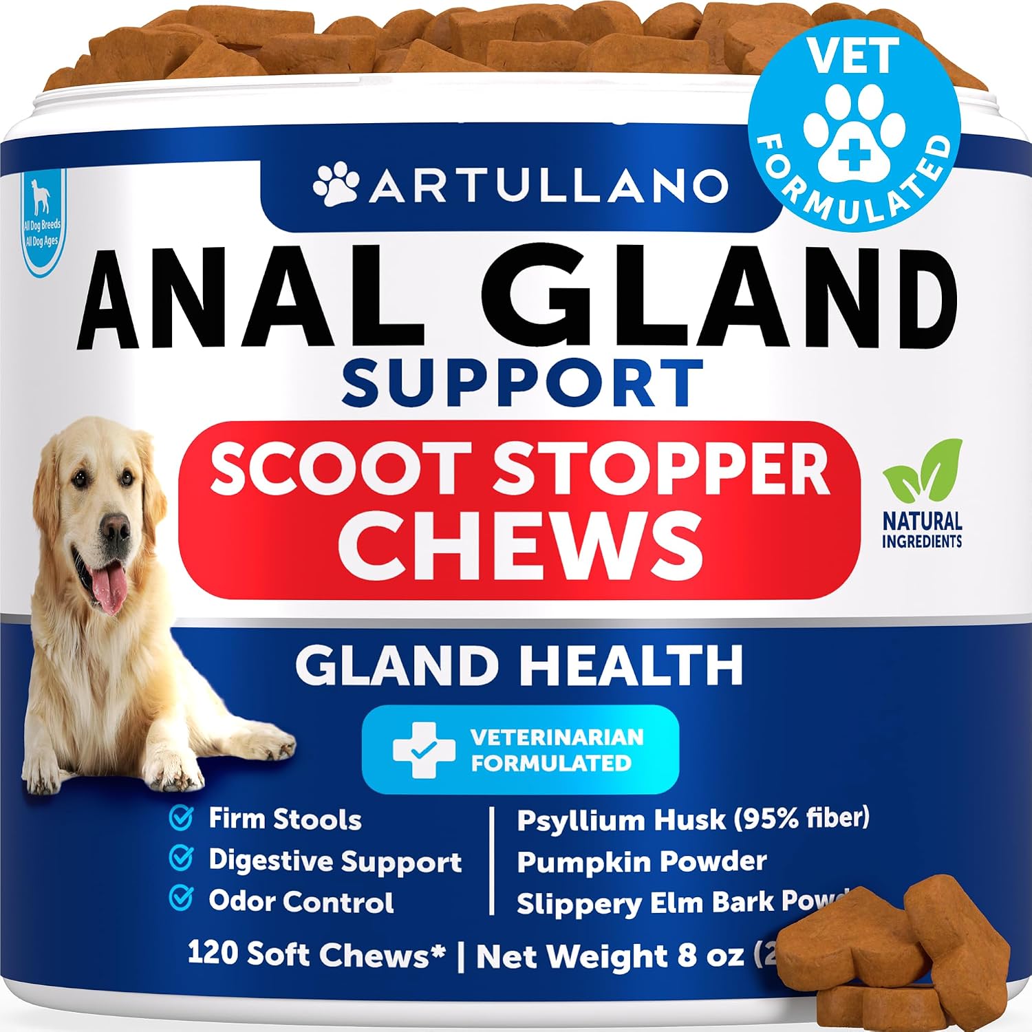 Artullano Bye Scoot Anal Gland Support Chews front bottle view