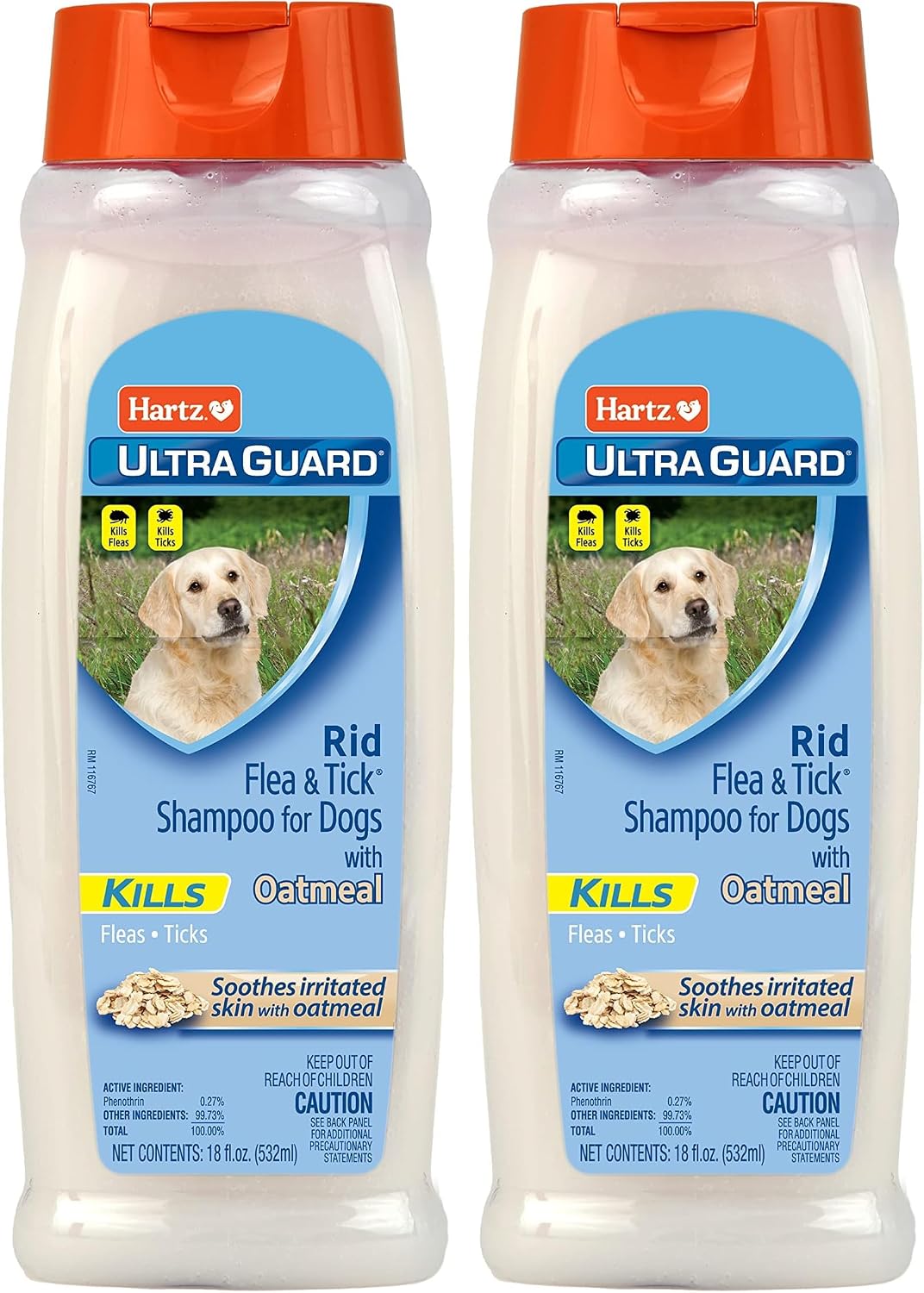 Back label view of Hartz flea and tick shampoo showcasing ingredients and usage instructions