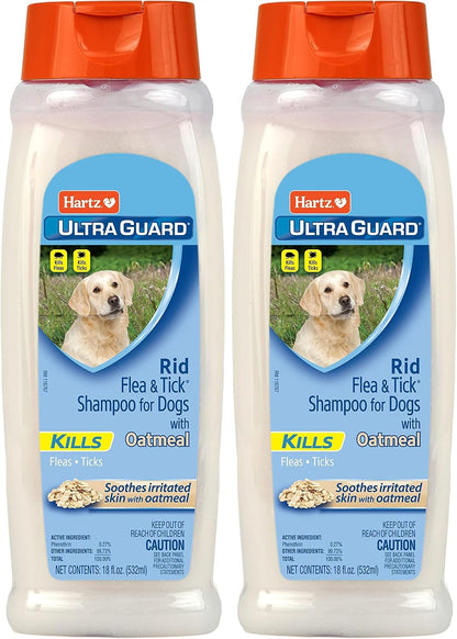 Back label view of Hartz flea and tick shampoo showcasing ingredients and usage instructions