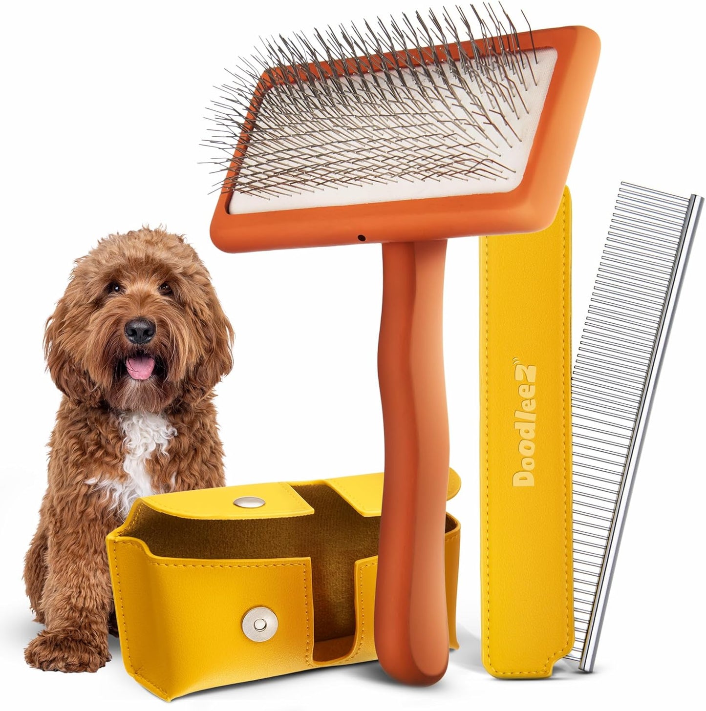Doodleez dog slicker brush and comb grooming kit front view