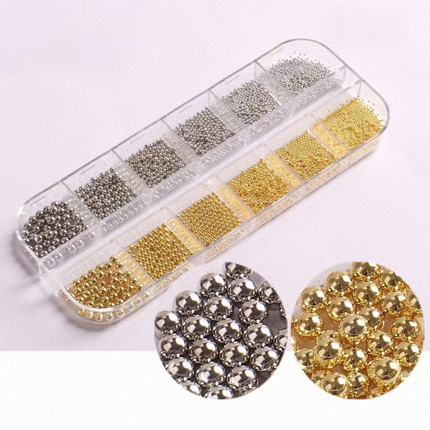 Chunmeng 12 grids metal nail art caviar beads front view in organizer