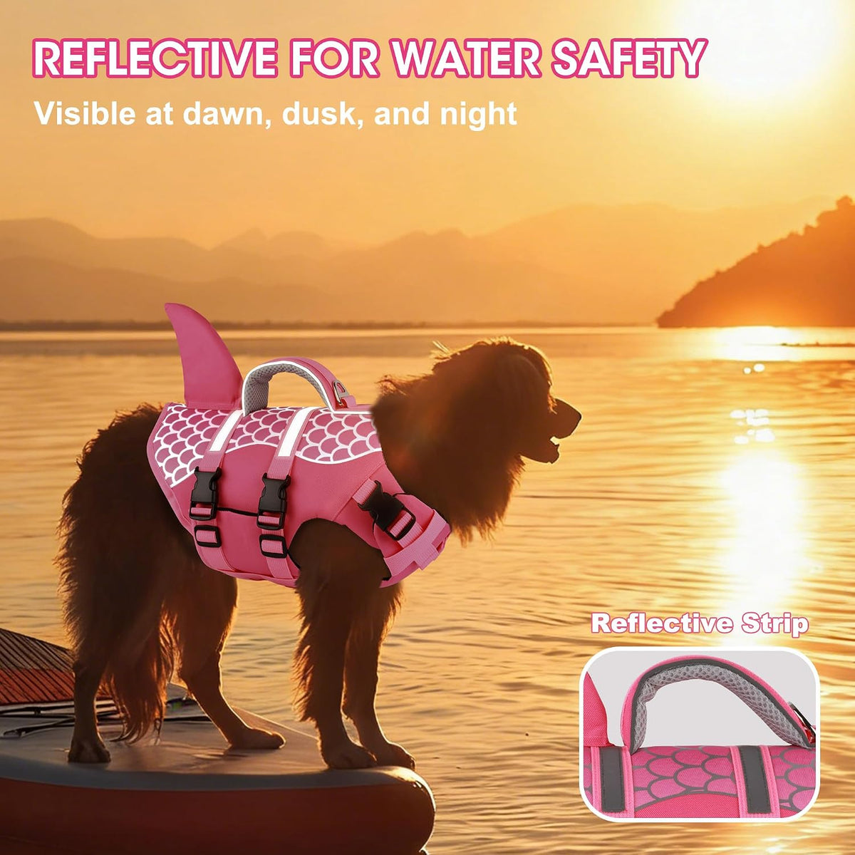 Dorsal shark fin feature on pink scales dog life jacket