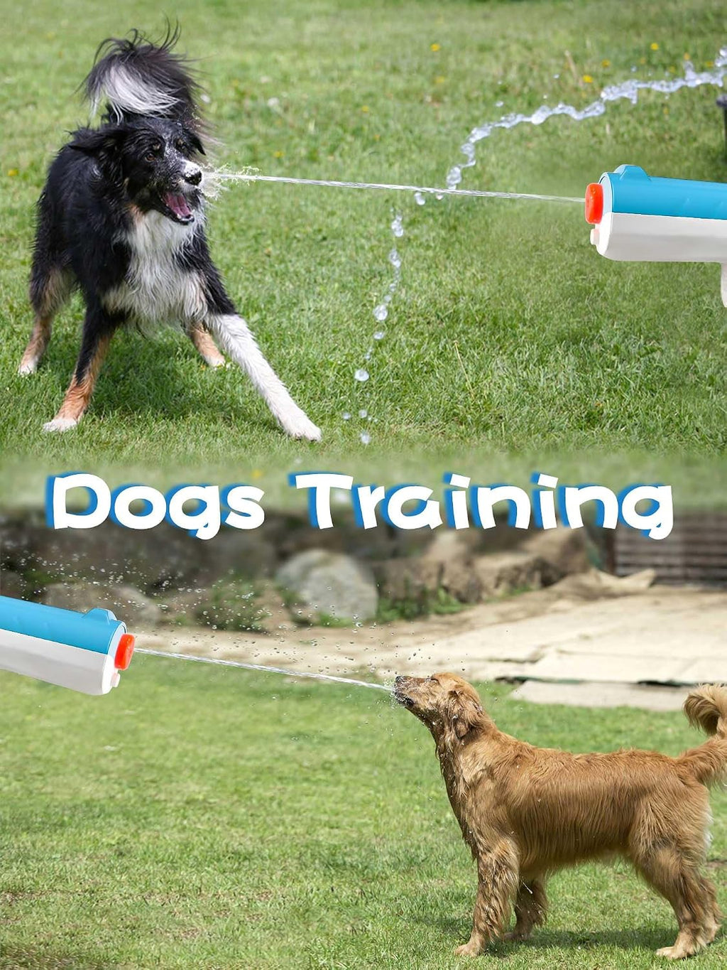 Two pack of blue and white pet water training pistols with adult size ergonomic grip