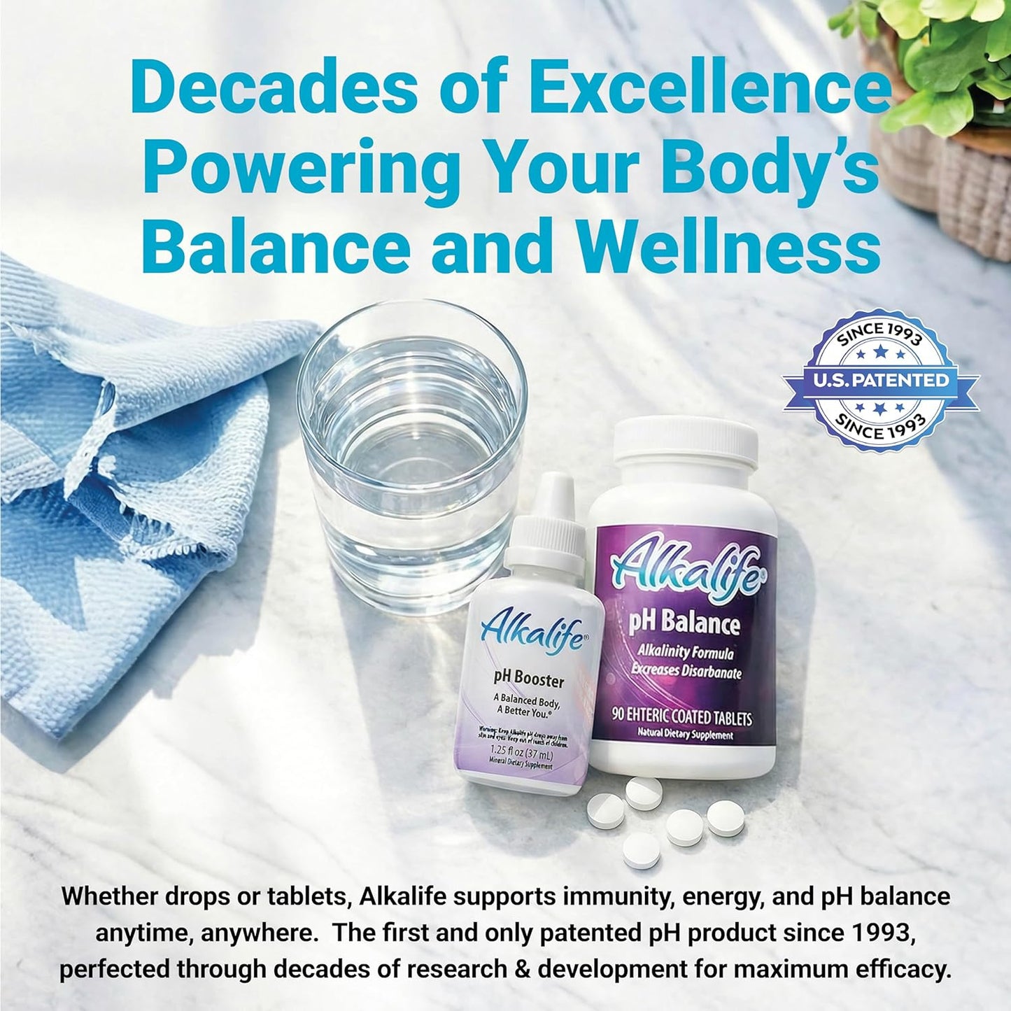 Alkalife pH Balance mineral support bottle displaying text regarding systemic acid neutralization and hydration.