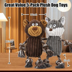 Interactive dog toy with built-in tug of war rope