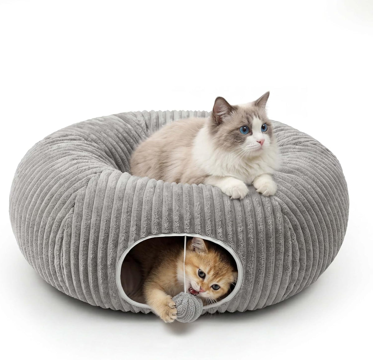 Cat Tunnel Bed with 40 Pcs Interactive Cat Toys, Cat Tube with Kitten Toys for Indoor Kittens, Collapsible Play Tunnel, White - Image 10