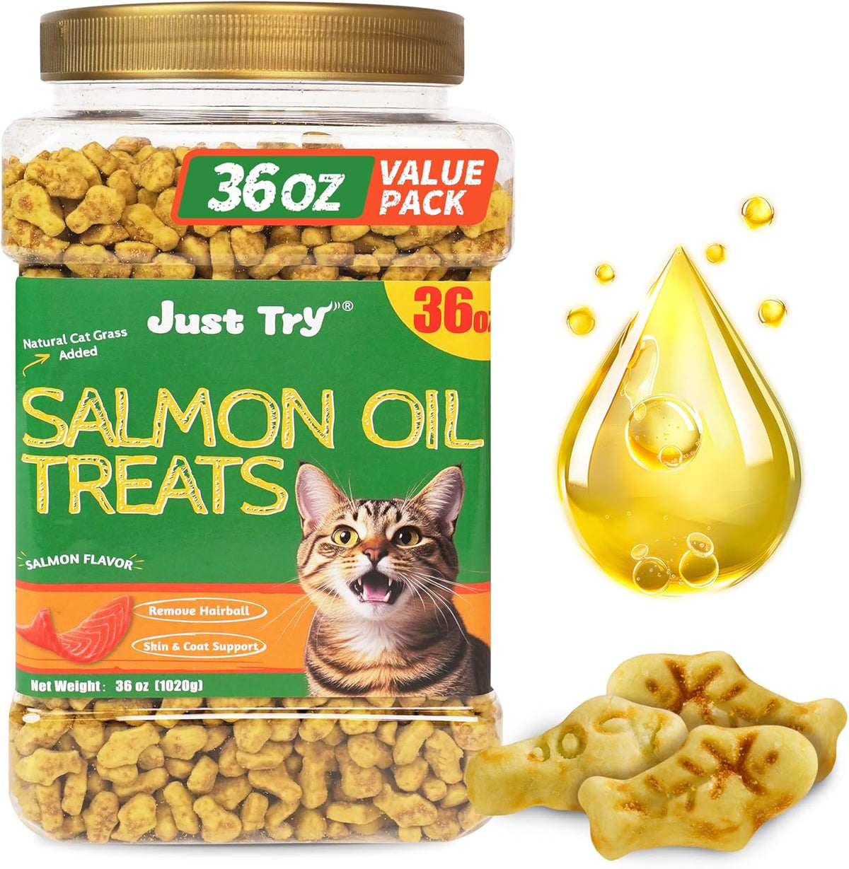 Just Try Cat Treats for Indoor Cats Hairball Control Natural Salmon Healthy Cat Grass Treats Kitten Snacks Training Biscuits Catnip for Cats Dental Care 13.4 OZ - Image 12