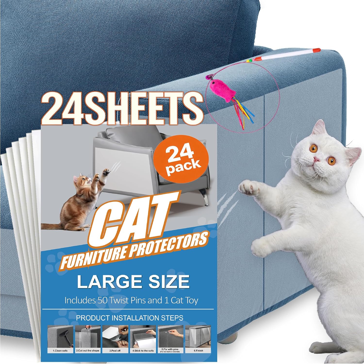 20-Pack Cat Scratch Furniture Couch Protector - Large Size 17x12inch Sofa Protectors Tape from Anti Cats Claws Scratching , Chair Corner Guards Cover for Cat Stop Scratching with 50 Twist Pins and Toy - Image 9