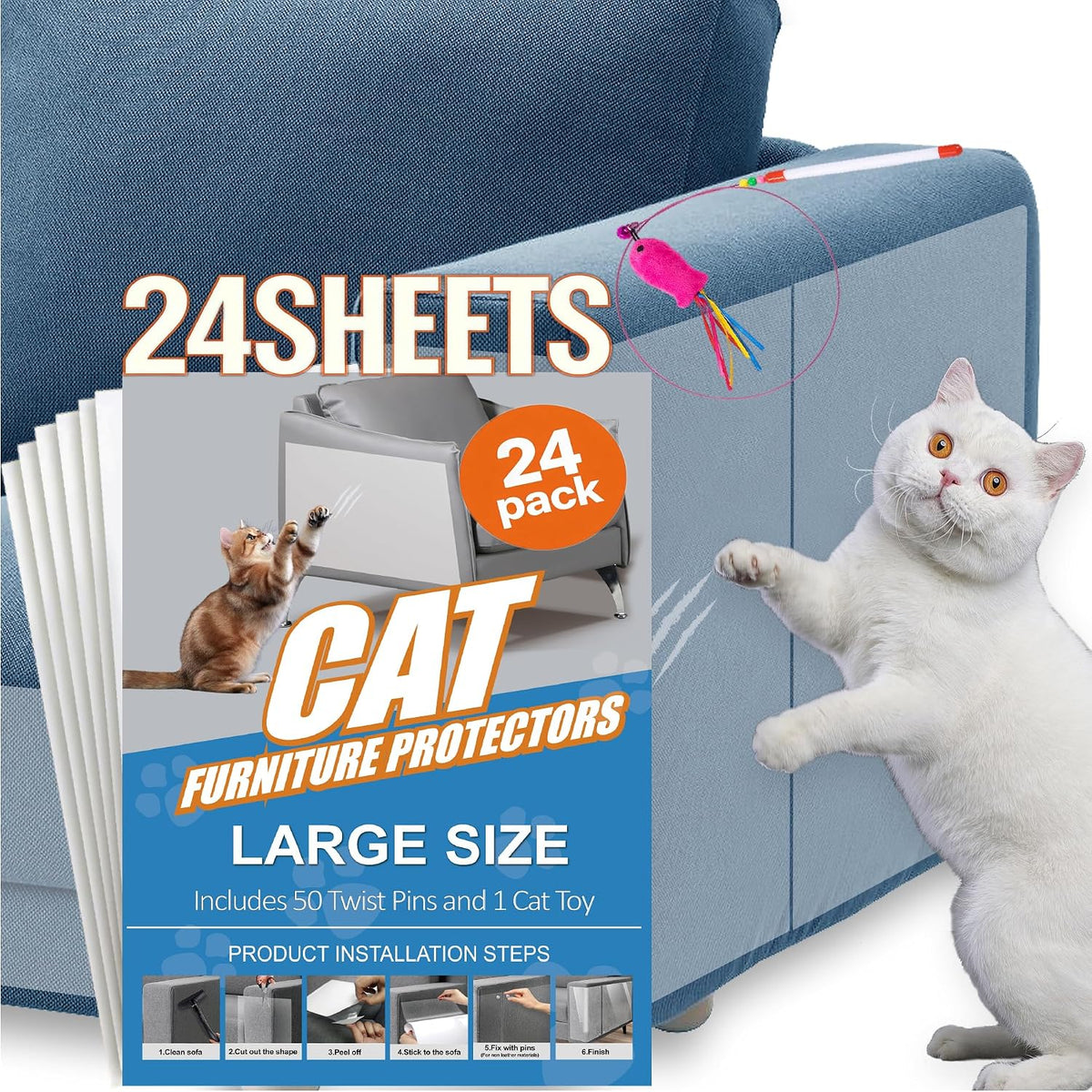 20-Pack Cat Scratch Furniture Couch Protector - Large Size 17x12inch Sofa Protectors Tape from Anti Cats Claws Scratching , Chair Corner Guards Cover for Cat Stop Scratching with 50 Twist Pins and Toy - Image 9